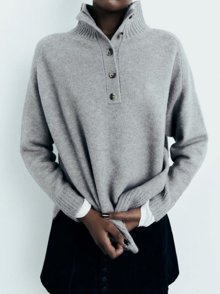 Трикотажный свитер на пуговицах с воротником на пуговицах Zara серый