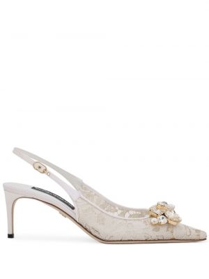 Pantofi cu toc din dantelă slingback de cristal Dolce & Gabbana alb