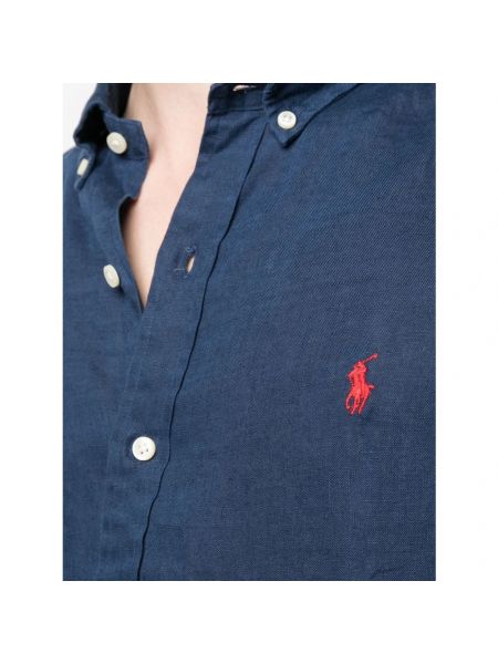 Haftowana lniana koszula z długim rękawem Ralph Lauren niebieska