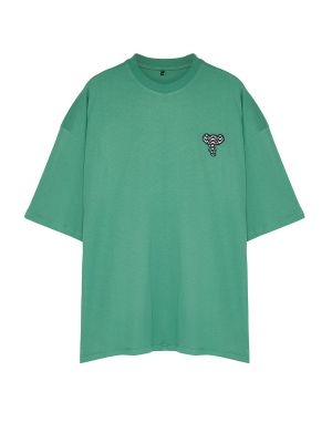 Medvilninis siuvinėtas polo marškinėliai oversize Trendyol žalia