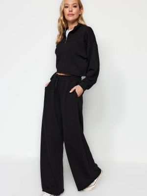 Relaxed плетени спортни панталони с висока талия Trendyol черно