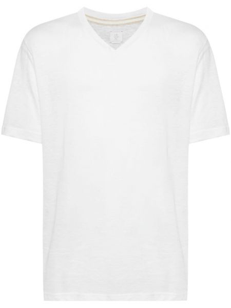Bavlnené ľanové tričko s výstrihom do v Eleventy biela