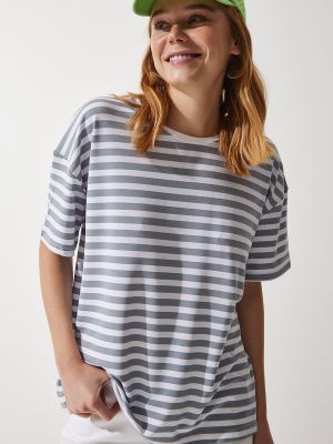 Oversized pletené pruhované tričko Happiness İstanbul šedé