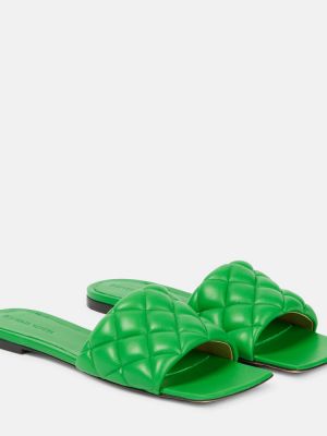 Pikowane sandały skórzane bez obcasa Bottega Veneta zielone