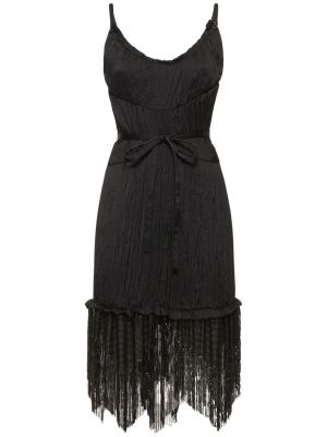 Saténové mini šaty s třásněmi se síťovinou Paco Rabanne černé