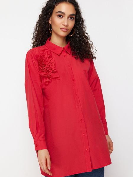 Φλοράλ βαμβακερό πουκάμισο με απλικέ Trendyol κόκκινο
