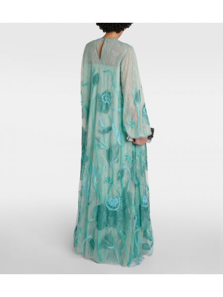 Haftowana sukienka długa tiulowa Costarellos niebieska