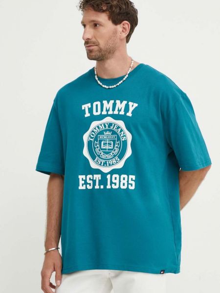 Koszulka bawełniana z nadrukiem Tommy Jeans zielona