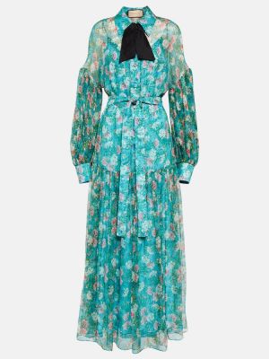 Jedwabna sukienka długa w kwiatki plisowana Gucci niebieska