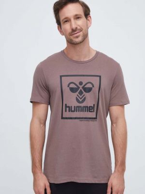 Памучна тениска с дълъг ръкав с принт Hummel кафяво