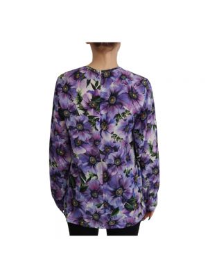 Jedwabna bluzka w kwiatki z długim rękawem Dolce And Gabbana fioletowa