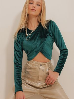 Aksamitna koszulka Trend Alaçatı Stili zielona