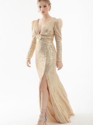Вечерна рокля с v-образно деколте Lafaba златисто