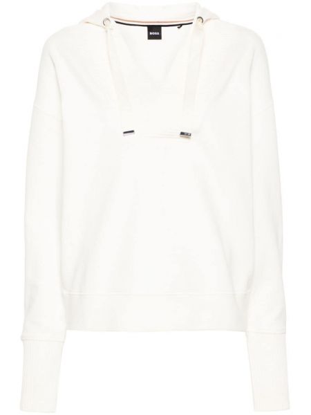 Bluza z kapturem bawełniana z dekoltem w serek Boss biała