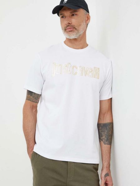 Koszulka bawełniana z nadrukiem Just Cavalli biała