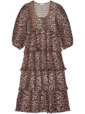 Midi obleka s potiskom z leopardjim vzorcem Ganni rjava