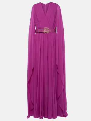 Rochie lunga de mătase din șifon plisată Elie Saab violet