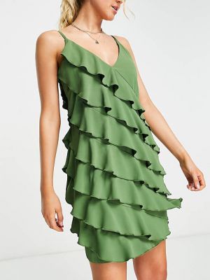 Пляжное летнее платье мини цвета с жатой оборкой хаки
