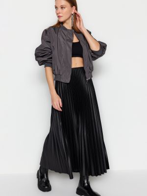 Černé plisované pletené dlouhá sukně Trendyol