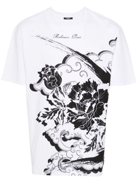 T-shirt en coton à fleurs à imprimé Balmain