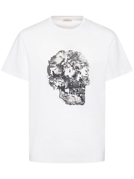 Pamučna majica s cvjetnim printom s printom Alexander Mcqueen bijela