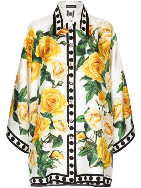 Svilena srajca s cvetličnim vzorcem s potiskom Dolce & Gabbana bela