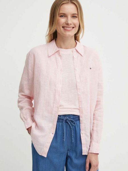 Lniana bluzka w paski Tommy Hilfiger różowa