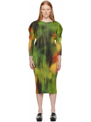 Зеленое плиссированное длинное платье с принтом Pleats Please Issey Miyake