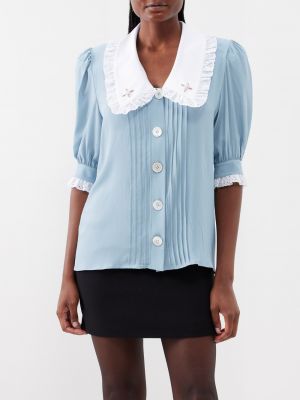 Блуза из крепа с цветочной вышивкой и оборками Alessandra Rich синий