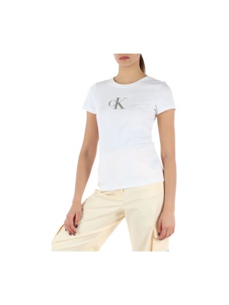 Koszulka z cekinami bawełniana Calvin Klein Jeans biała