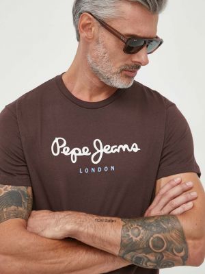 Памучна тениска с дълъг ръкав с принт Pepe Jeans кафяво