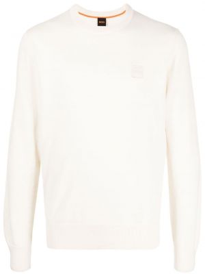 Плетен пуловер бродиран Boss бяло