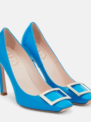 Кожени полуотворени обувки на платформе от лакирана кожа Roger Vivier синьо