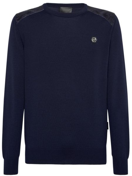 Merinowolle woll langer pullover Philipp Plein blau