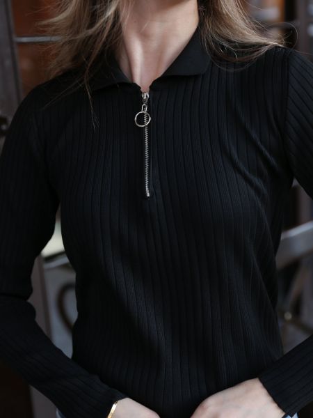Блуза от рипсено кадифе с цип Laluvia черно
