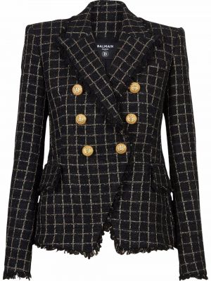 Tweed sjekket lang jakke Balmain svart