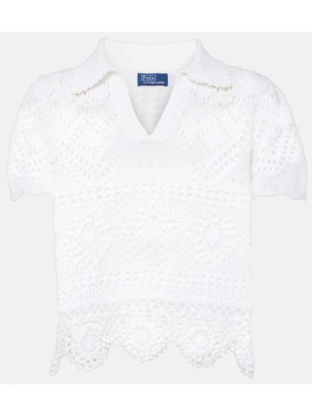 Памучен пуловер с дантела Polo Ralph Lauren бяло