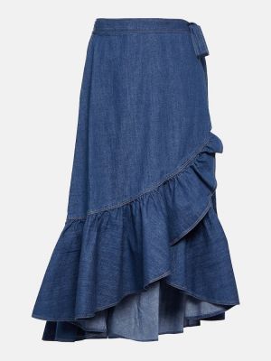 Pamučna midi suknja s volanima Polo Ralph Lauren plava