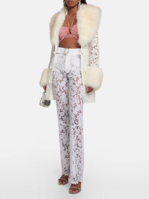 Hlače ravnih nogavica visoki struk s cvjetnim printom s čipkom Alessandra Rich bijela