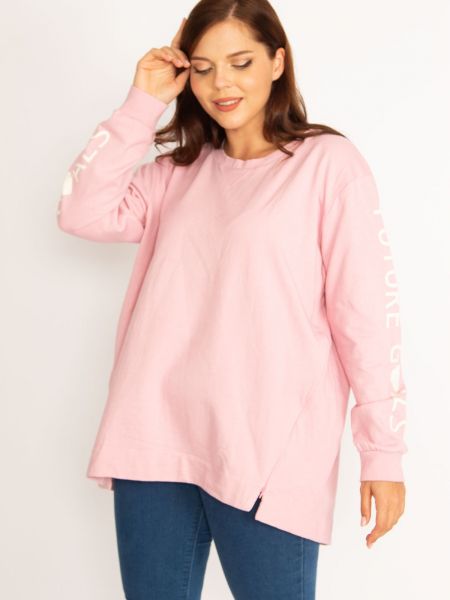 Kokvilnas džemperis ar rāvējslēdzēju ar apdruku şans rozā
