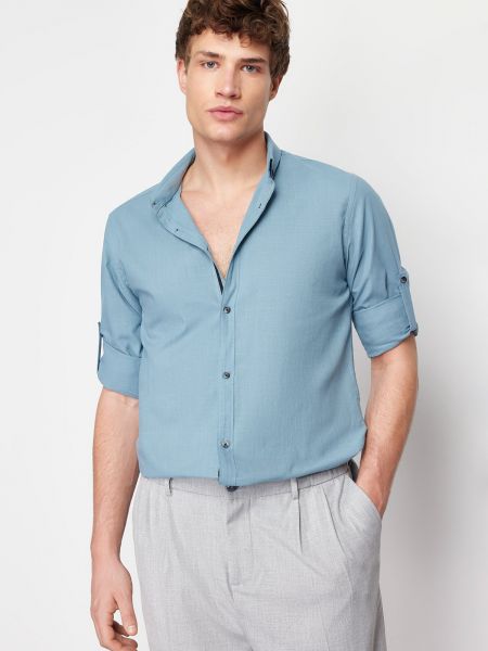 Βαμβακερό πουκάμισο με κουμπιά σε στενή γραμμή Trendyol μπλε