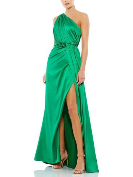 Атласное платье на одно плечо с драпировкой Mac Duggal зеленое