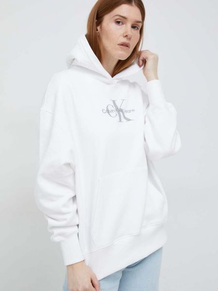 Pamučna hoodie s kapuljačom Calvin Klein Jeans bijela