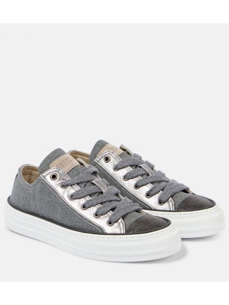 Pärlstav läder canvas sneakers Brunello Cucinelli grå