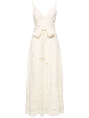 Biała sukienka midi z dekoltem w serek koronkowa Elie Saab