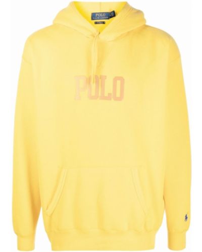 T-shirt z nadrukiem bawełniana z kapturem z długim rękawem Polo Ralph Lauren - żółty
