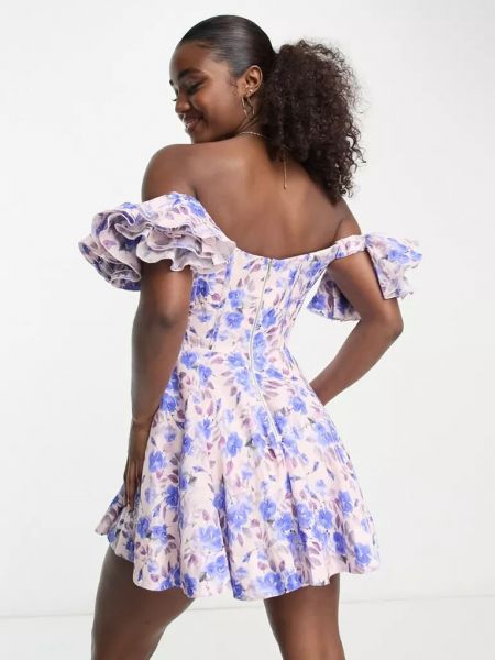 Платье мини в цветочек с принтом Bardot голубое