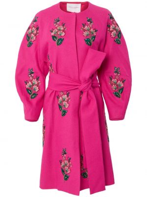 Manteau brodé en laine à fleurs Carolina Herrera rose