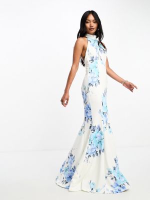 Бело-синее платье макси с высоким вырезом и цветочным принтом True Violet