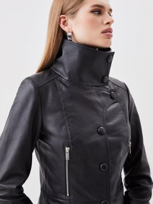 Кожаная куртка на пуговицах с воротником на пуговицах Karen Millen черная